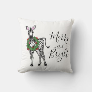 Festive Christmas Zebra, red green Holly wreath  Throw Pillow