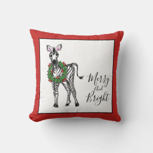 Festive Christmas Zebra, red green Holly wreath  Throw Pillow