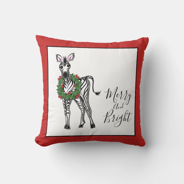 Festive Christmas Zebra, red green Holly wreath  Throw Pillow (Front)