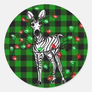 Festive Christmas Zebra, red green wreath Classic Round Sticker