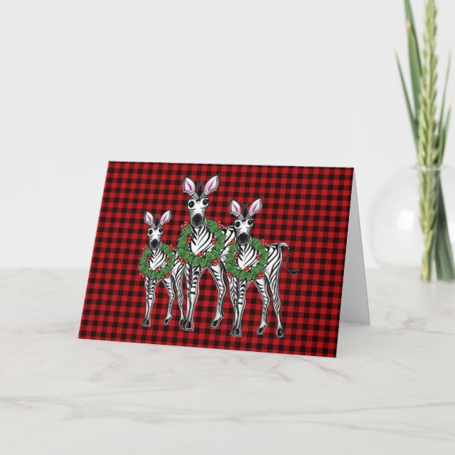 Festive Christmas Zebras, red green wreath Holiday Card (Front)