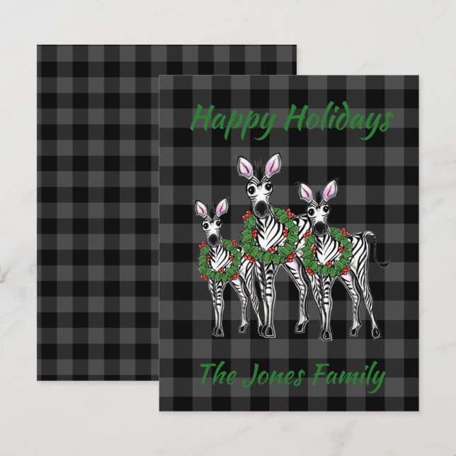 Festive Christmas zebras, xmas wreath, gray plaid Card (Front/Back)