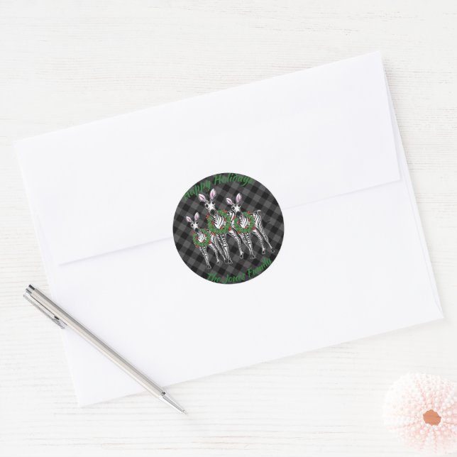 Festive Christmas Zebras, xmas wreath, gray plaid  Classic Round Sticker (Envelope)