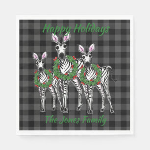 Festive Christmas zebras, xmas wreath, gray plaid Napkin