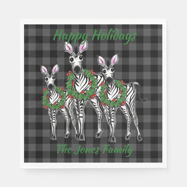 Festive Christmas zebras, xmas wreath, gray plaid Napkin (Front)