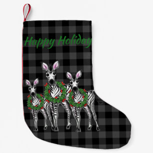 Festive Christmas zebras, xmas wreath, gray plaid Small Christmas Stocking
