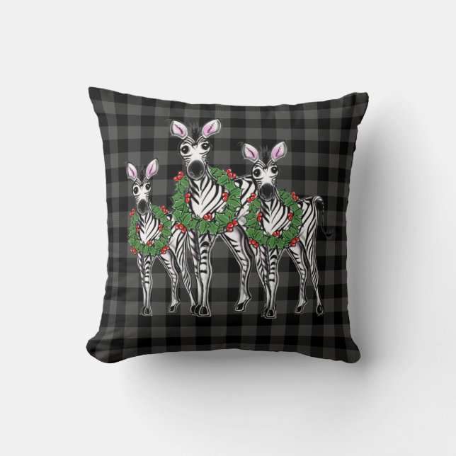 Festive Christmas zebras, xmas wreath, gray plaid Throw Pillow (Front)