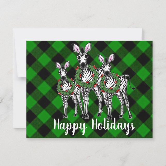 Festive Christmas Zebras, xmas wreath, green plaid Card (Front)