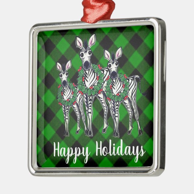 Festive Christmas Zebras xmas wreath green plaid Metal Ornament (Left)