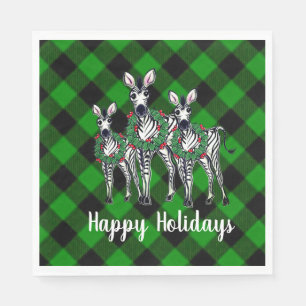 Festive Christmas Zebras, xmas wreath, green plaid Napkin