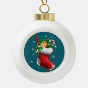  Festive Classic Christmas Stocking with Gifts  Ceramic Ball Christmas Ornament
