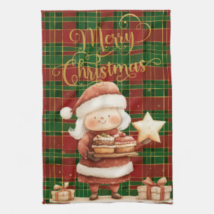 Festive Classic Red Green Gold Tartan Mrs Claus  Kitchen Towel