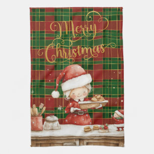 Festive Classic Red Green Gold Tartan Mrs Claus  Kitchen Towel