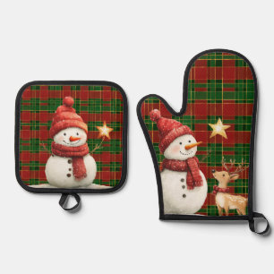 Festive Classic Red Green Gold Tartan Snowman Oven Mitt & Pot Holder Set