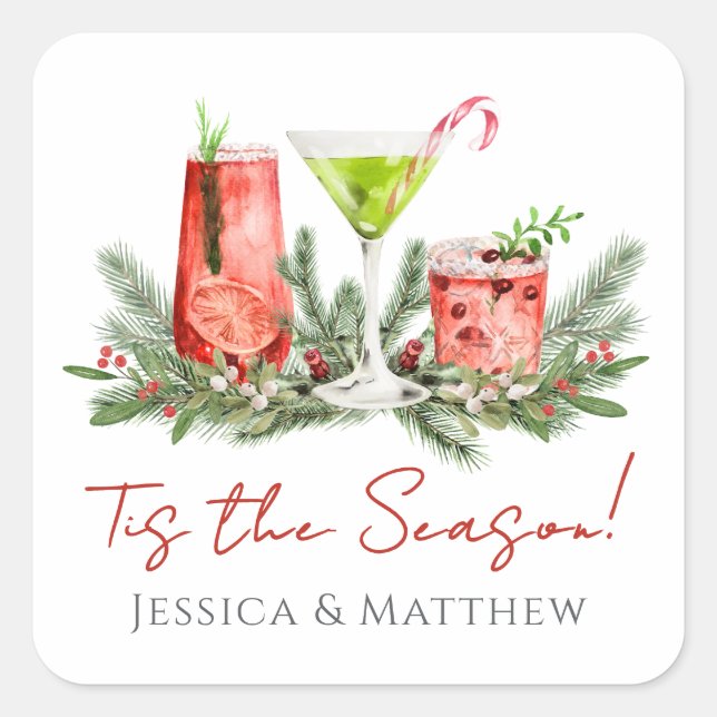 Festive Cocktails Couples Christmas Square Sticker (Front)