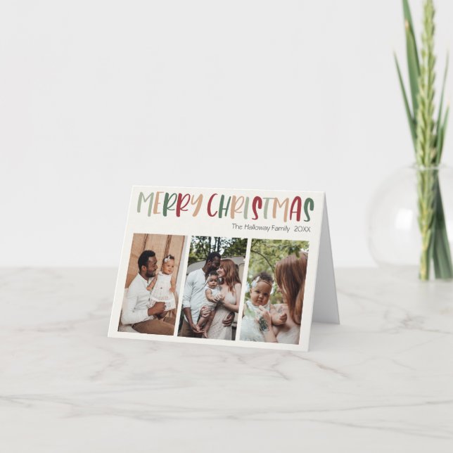 Festive Colourful Christmas Folded Three Photo Holiday Card (Front)