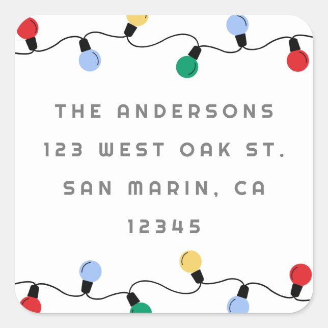 Festive Colourful Christmas Lights Return Address Square Sticker (Front)
