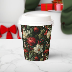 Festive Colourful Christmas Roses, Pine and Holly Paper Cups