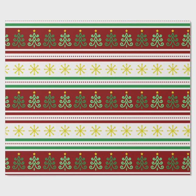 Festive, Colourful Christmas Trees and Snowflakes  Wrapping Paper (Flat)