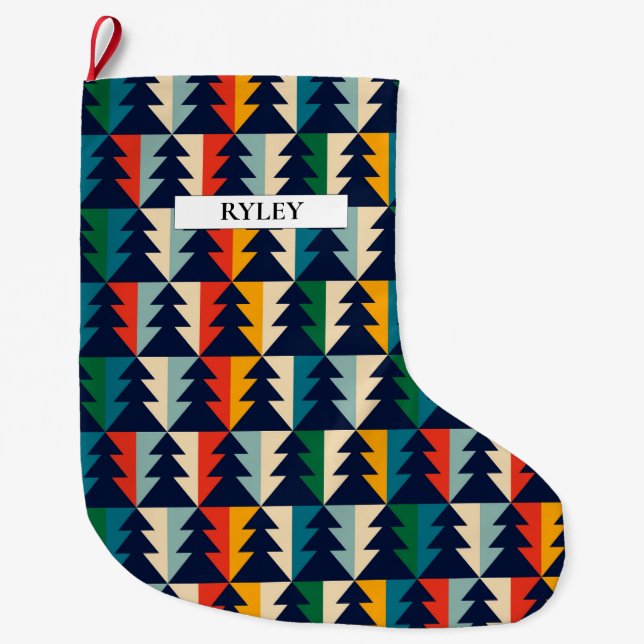 Festive Colourful Christmas Trees Pattern Monogram Large Christmas Stocking (Front)
