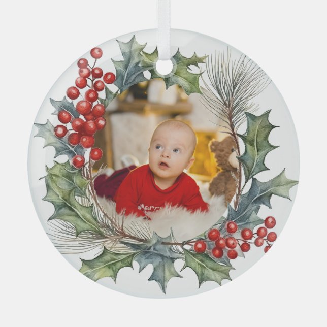 Festive Colourful Christmas Watercolor Photo Wreat Glass Ornament (Front)