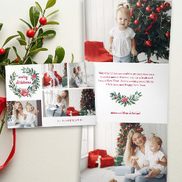 Festive Colourful Christmas Wreath Photo Collage Tri-Fold Holiday Card