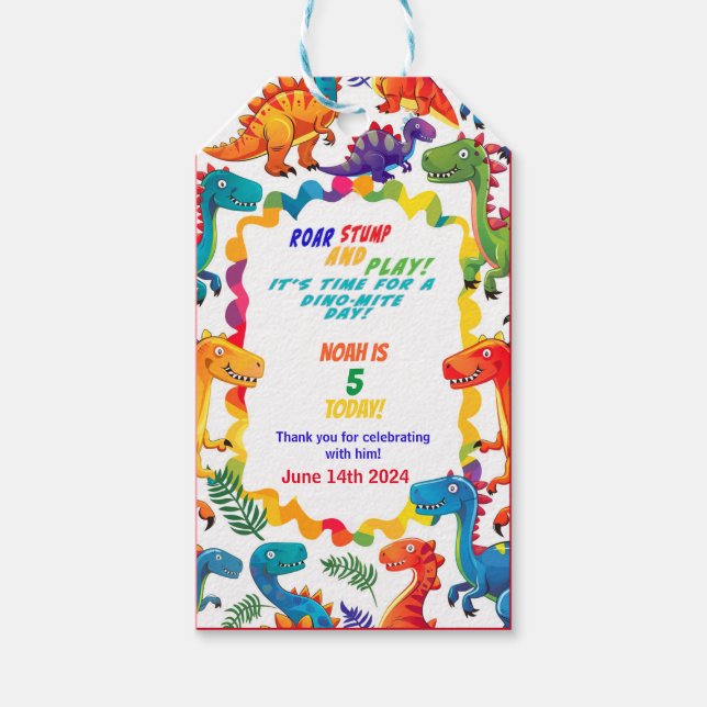 Festive Colourful Dinosaur Birthday Gift Tag (Front)