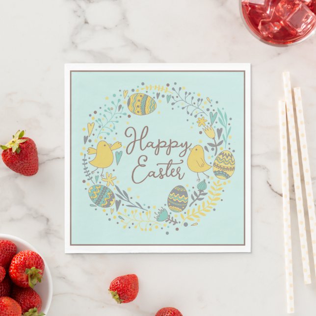 Festive Colourful Happy Easter Chicks & Wreath Napkin (Insitu)