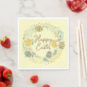 Festive Colourful Happy Easter Chicks & Wreath Napkin