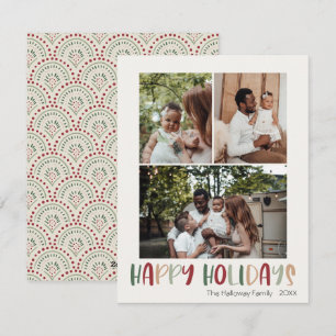 Festive Colourful Happy Holidays Vertical 3 Photo Holiday Card