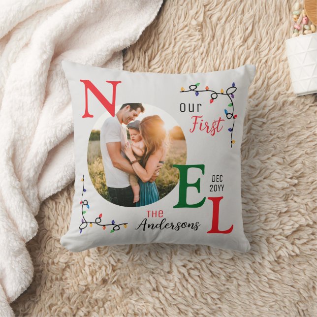 Festive Colourful Keepsake Family Photo First Noel Throw Pillow (Blanket)