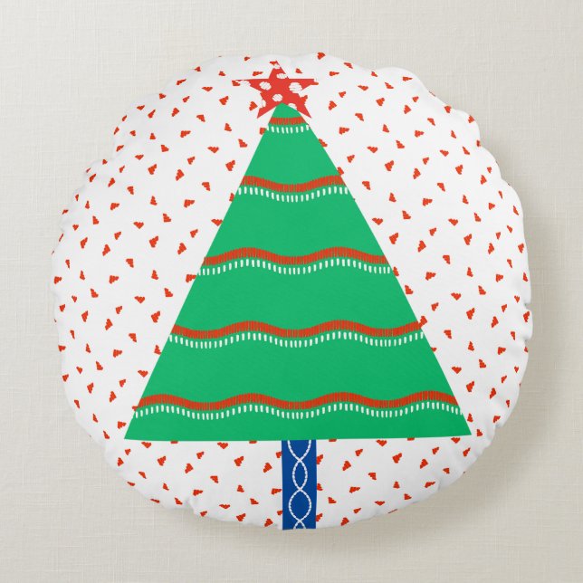 Festive Colourful Patchwork Christmas Tree Round Pillow (Front)