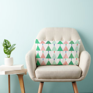 Festive Colourful Patchwork Christmas Trees Lumbar Pillow