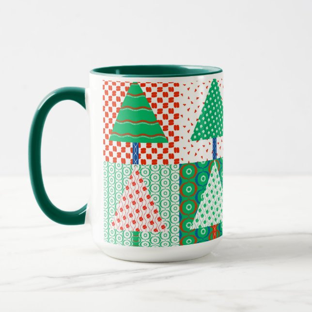 Festive Colourful Patchwork Christmas Trees Mug (Left)