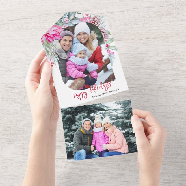 Festive Colourful Pink Poinsettias Photo All In One Invitation (Tearaway)