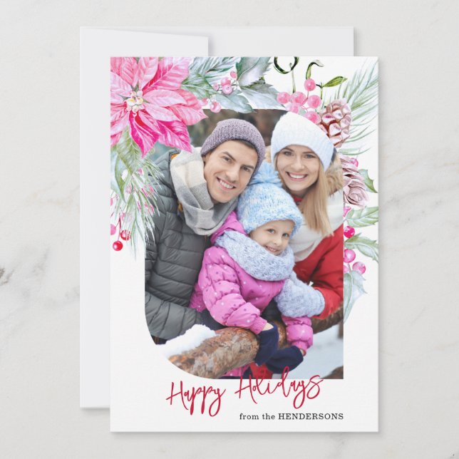 Festive Colourful Pink Poinsettias Photo Holiday Card (Front)