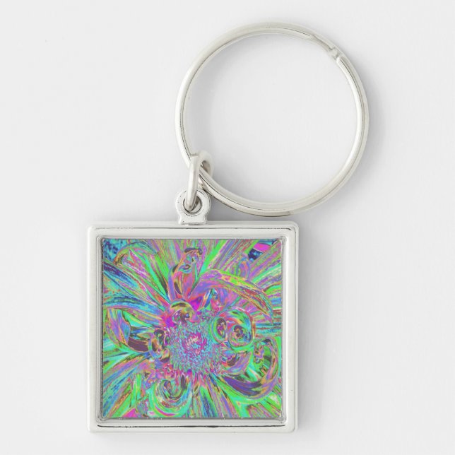 Festive Colourful Psychedelic Dahlia Flower Petals Keychain (Front)