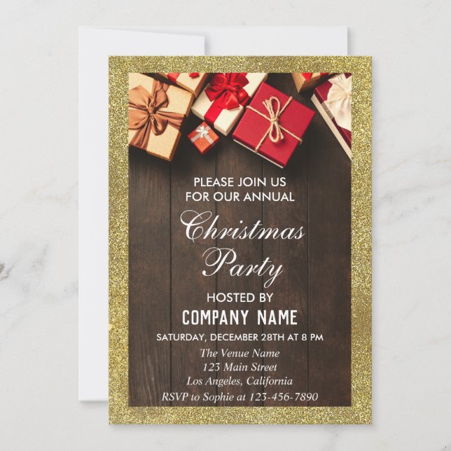 Festive Company Christmas Party Gifts Gold Glitter Invitation (Front)