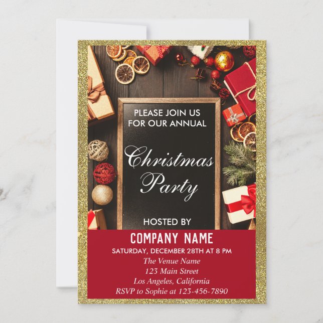 Festive Company Christmas Party Red & Gold Glitter Invitation (Front)
