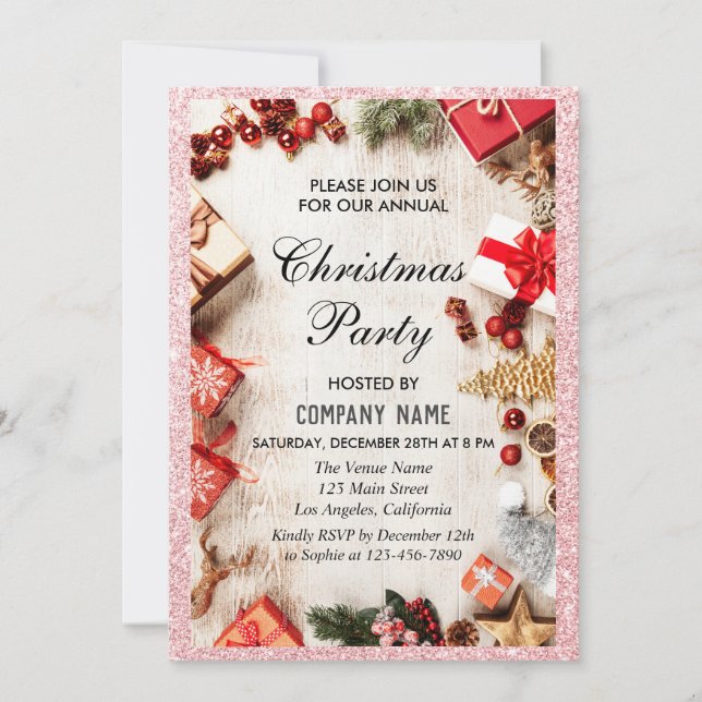 Festive Company Christmas Party Rose Gold Glitter Invitation (Front)