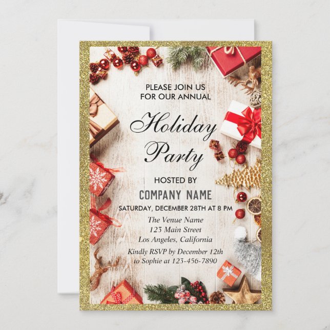 Festive Company Holiday Party White & Gold Glitter Invitation (Front)