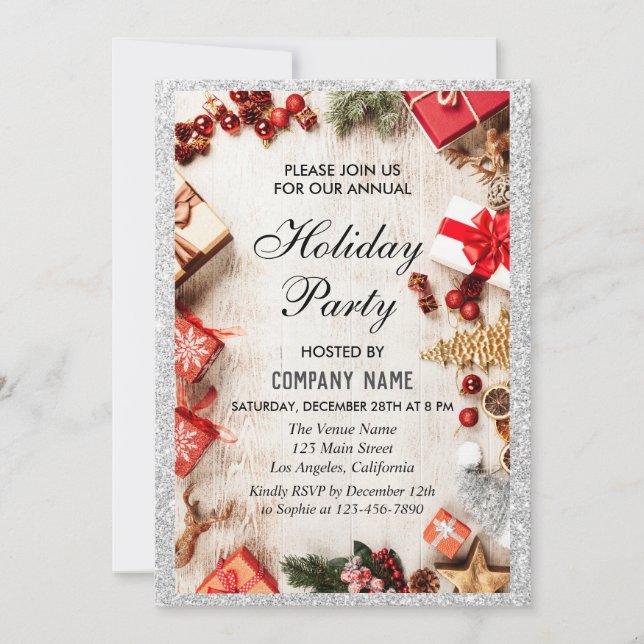 Festive Company Holiday Party White Silver Glitter Invitation (Front)
