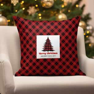 Festive Cottage Buffalo Plaid Name Throw Pillow