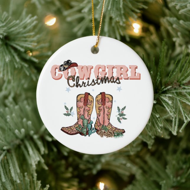 Festive Cowgirl Christmas add sentiment Year Ceramic Ornament (Tree)