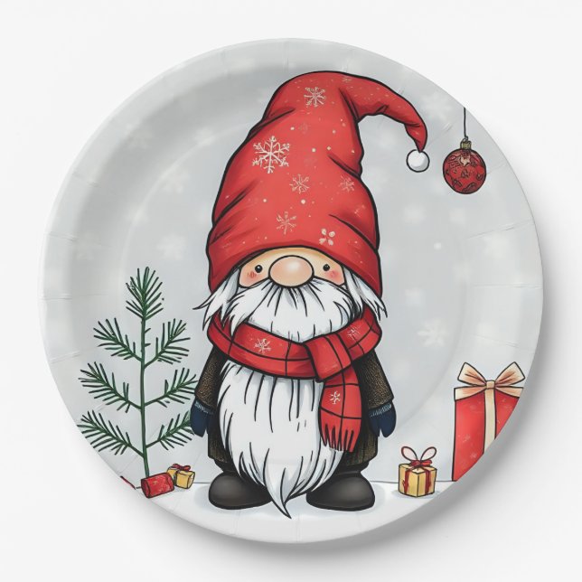 Festive cozy christmas gnome in Disguise  Paper Plate (Front)