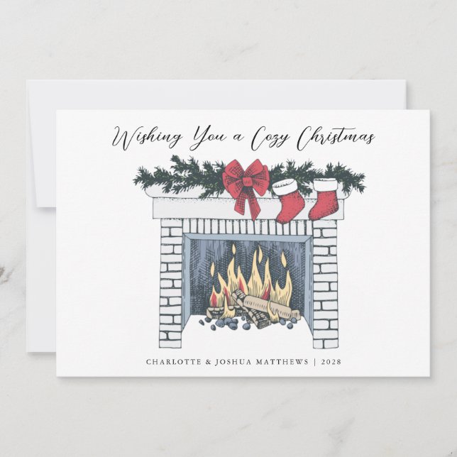 Festive Cozy Fireplace Simple Country Christmas  H Holiday Card (Front)