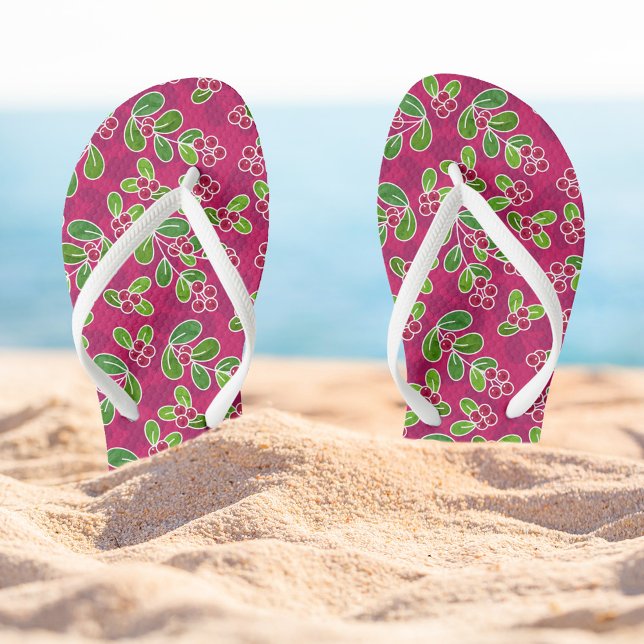 Festive Cranberry Foliage Pattern, Fuchsia  Flip Flops (Holiday Cranberry Pattern Flip-flops)