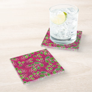 Festive Cranberry Foliage Pattern, Fuchsia Glass Coaster
