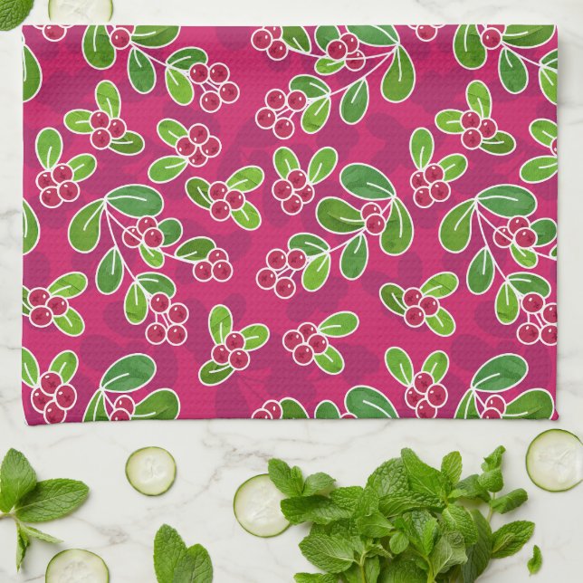 Festive Cranberry Foliage Pattern, Fuchsia  Kitchen Towel (Folded)