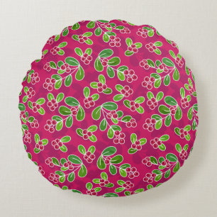 Festive Cranberry Foliage Pattern, Fuchsia  Round Pillow
